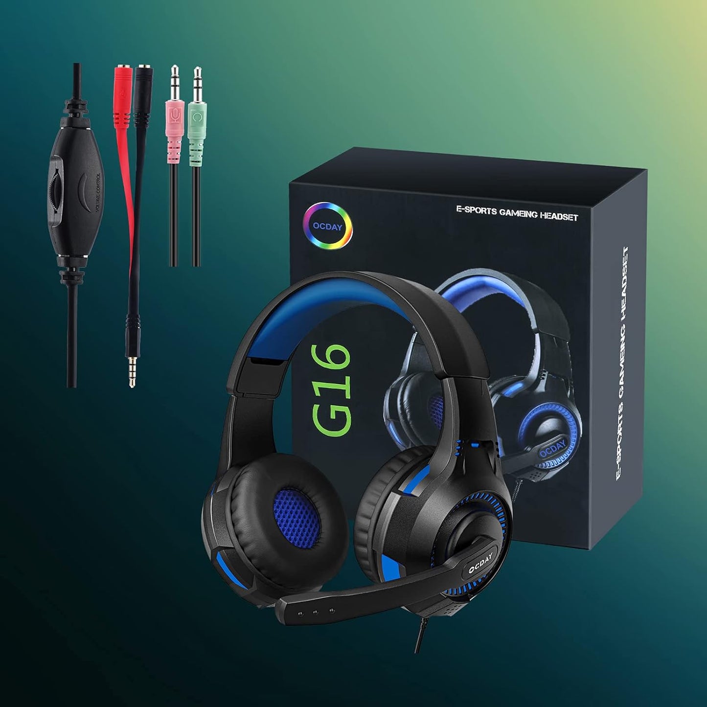 OCDAY Gaming Headset, Headset für PS4 PS5 PC Xbox One, Gaming Kopfhörer 3.5mm Surround Sound Kabelgebundenes mit Mikrofon, LED Licht für Laptop Mac Handy Tablet