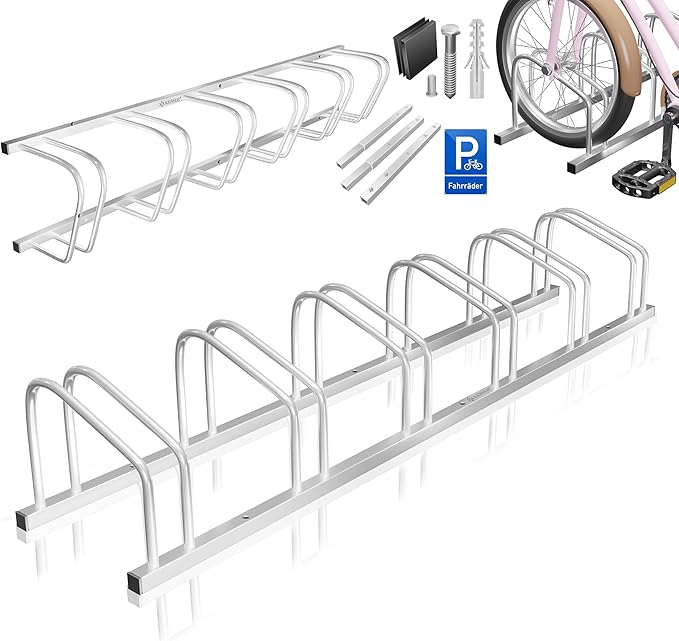Fahrradständer für 6 Fahrräder inkl. Parkschild | Mehrfachständer mit 37cm Radabstand für 30-65mm Reifenbreite | Fahrradhalter Aufstellständer für Boden- oder Wandmontage | Radständer Silber - AUCH FÜR E-BIKES GEEIGNET