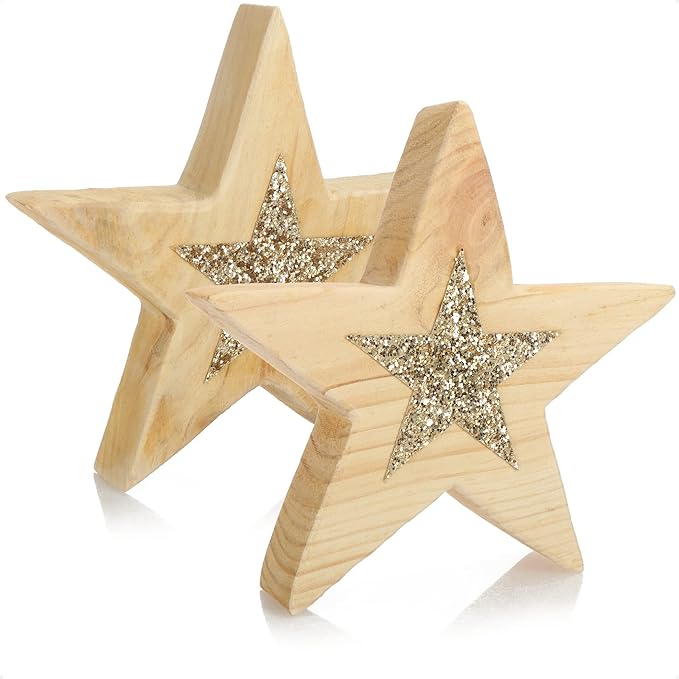 com-four® 2X Stern aus Holz - Dekostern aus massivem Holz - rustikaler Stil - Dekoration für Winter und Weihnachten - je 15cm (02 Stück - mittel - mit Glitzer)