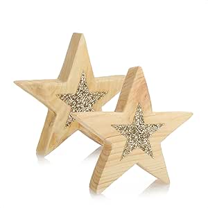 com-four® 2X Stern aus Holz - Dekostern aus massivem Holz - rustikaler Stil - Dekoration für Winter und Weihnachten - je 20cm (02 Stück - mittel - mit Glitzer)
