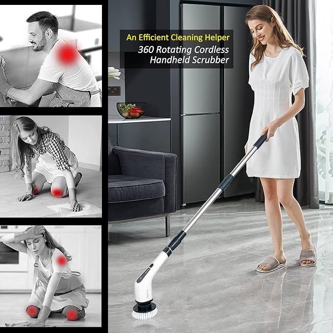 Elektrischer Schleuderwäscher, Akku-Reinigungsbürste mit 7 austauschbaren Bohrbürstenköpfen, Wanne und Bodenfliesen Power Scrubber Mop mit verstellbarem Griff für Badezimmer Küche Auto (Weiß)
