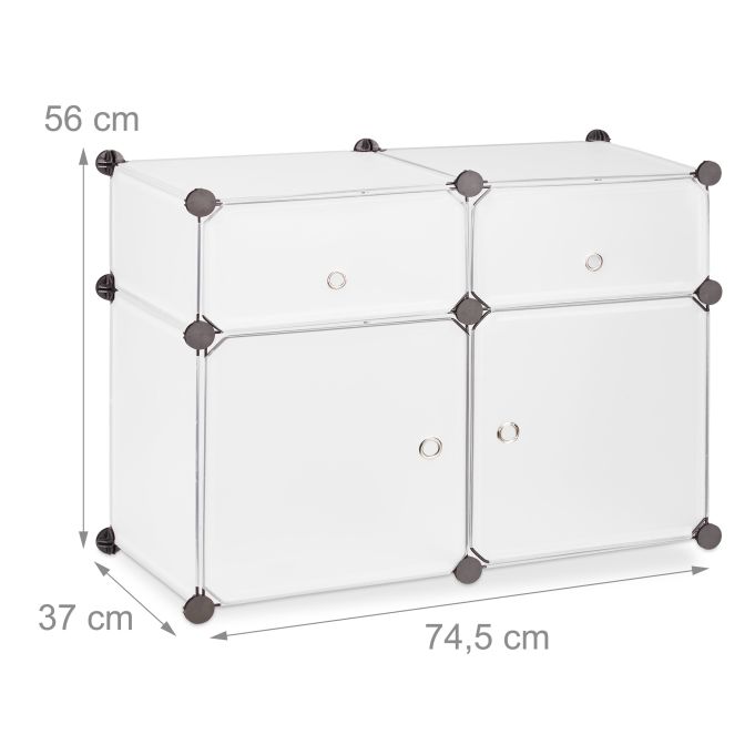Regalsystem 4 Fächer, Standregal Kunststoff, Steckregal mit Türen, Badregal, HBT: 56 x 75 x 37 cm, transparent / Muster