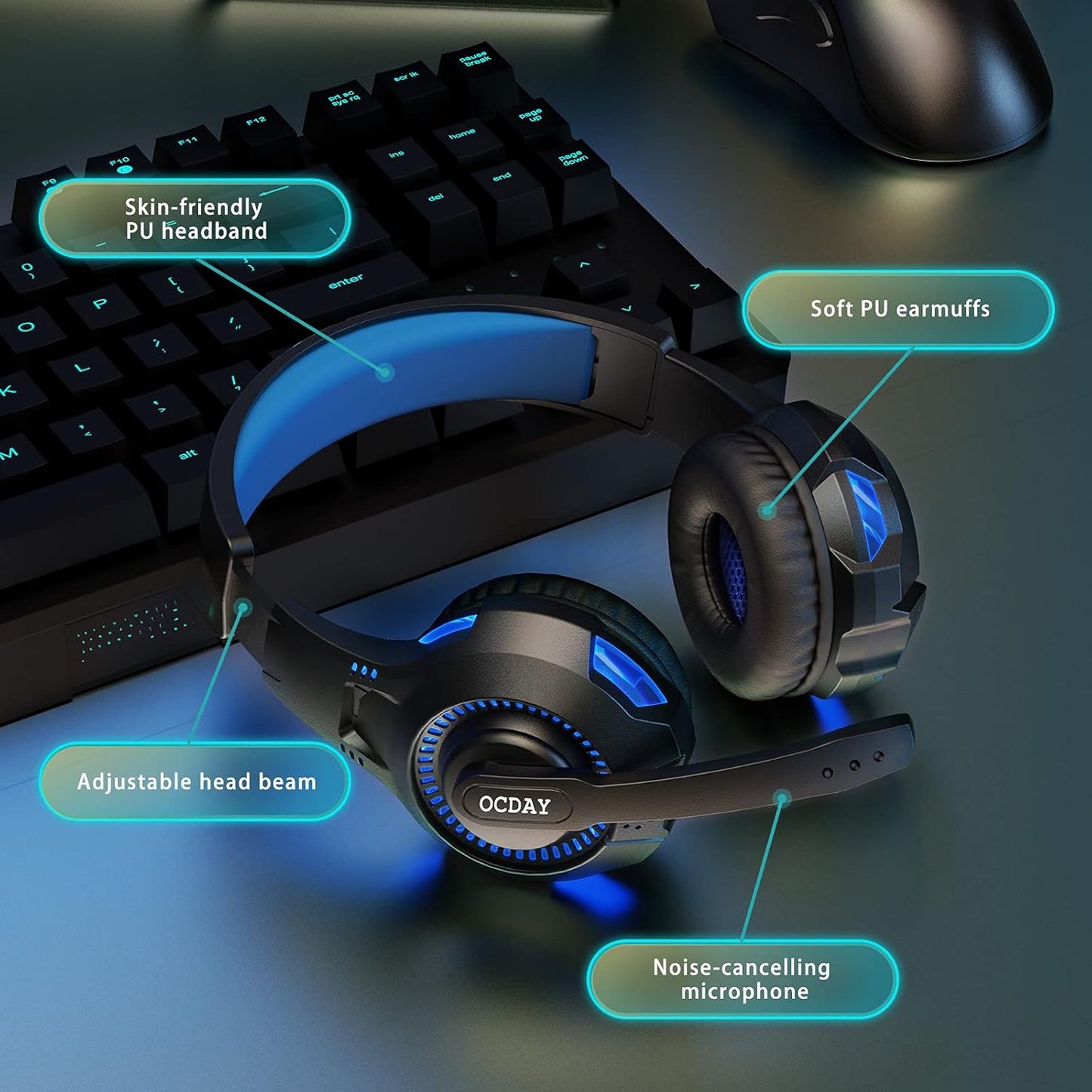 OCDAY Gaming Headset, Headset für PS4 PS5 PC Xbox One, Gaming Kopfhörer 3.5mm Surround Sound Kabelgebundenes mit Mikrofon, LED Licht für Laptop Mac Handy Tablet