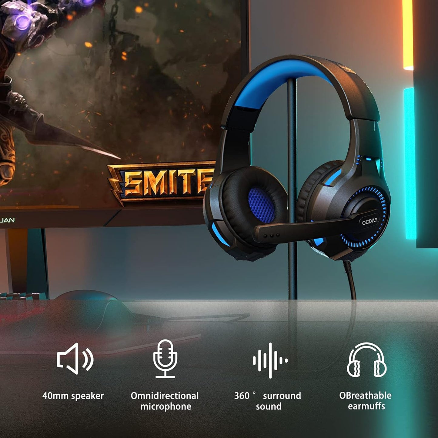OCDAY Gaming Headset, Headset für PS4 PS5 PC Xbox One, Gaming Kopfhörer 3.5mm Surround Sound Kabelgebundenes mit Mikrofon, LED Licht für Laptop Mac Handy Tablet