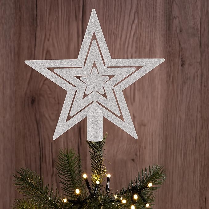 com-four® Weihnachtsbaumspitze silber Glitzer-Stern - Stern-Spitze für Weihnachtsbaum - Christbaumspitze für jede Baumspitze - Weihnachtsstern bruchsicher