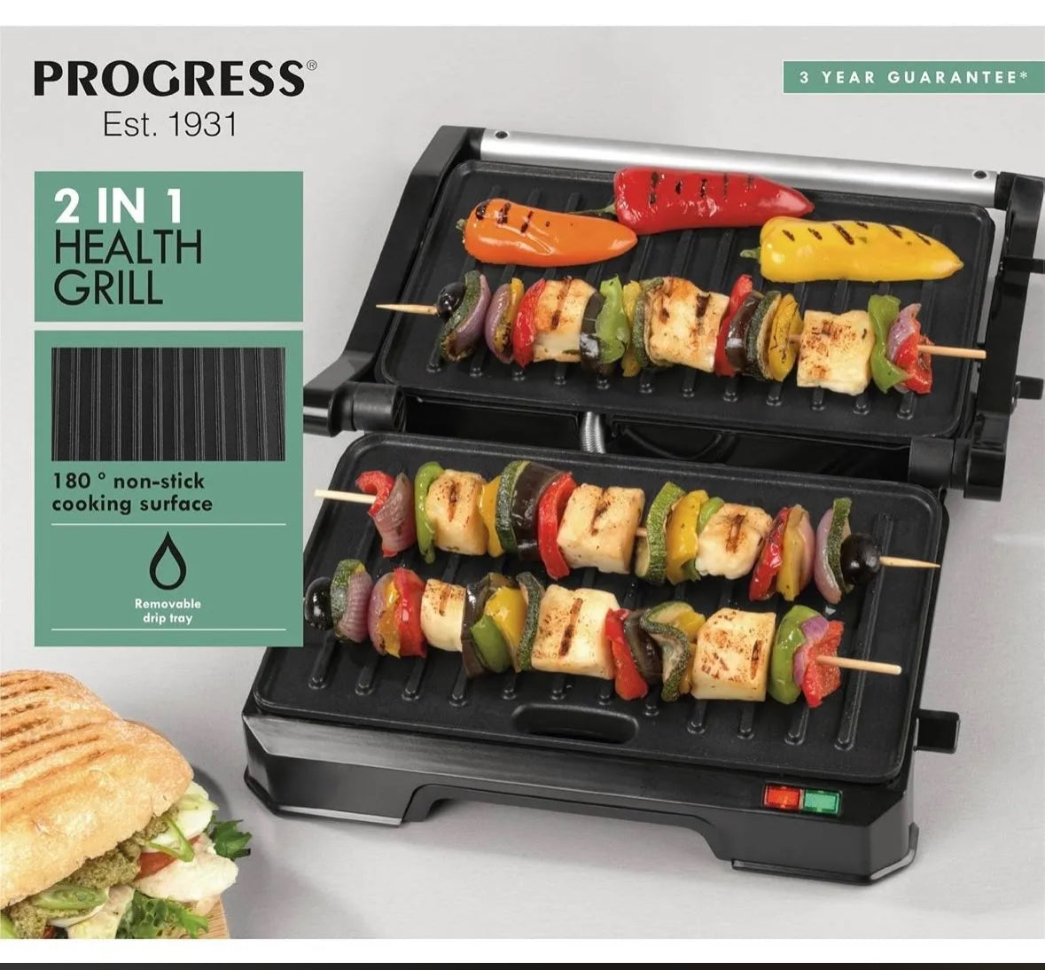 Progress EK5854P 2-in-1-Gesundheitsgrill - Panini-Presse, elektrischer Grill mit Antihaft-Platten, öffnet sich bis zu 180° für das duale Kochen, abnehmbarer Tropfbehälter, einfach zu reinigen, 850W