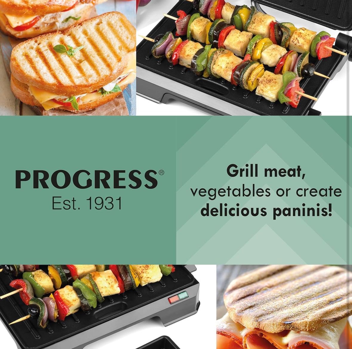 Progress EK5854P 2-in-1-Gesundheitsgrill - Panini-Presse, elektrischer Grill mit Antihaft-Platten, öffnet sich bis zu 180° für das duale Kochen, abnehmbarer Tropfbehälter, einfach zu reinigen, 850W