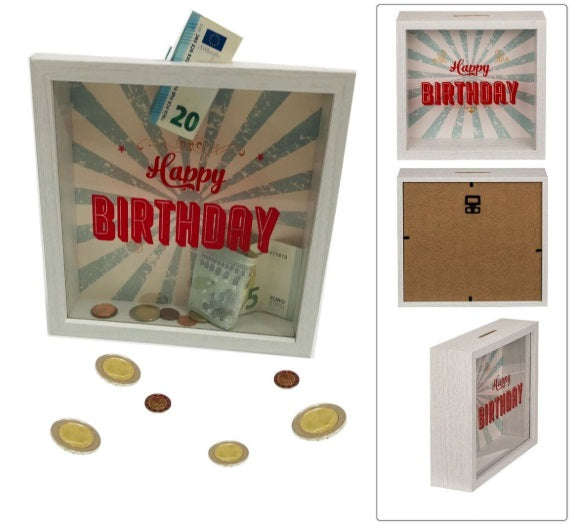 Happy Birthday * Geburtstag Spardose * Sparschwein * Geldgeschenk Holzrahmen Acyrl Glas 20x20x5cm