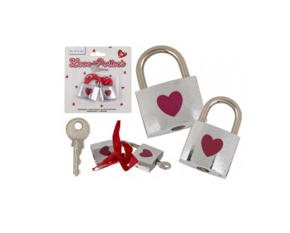 2er Set Liebesschloss silber mit rotem Herz, mit Schlüssel