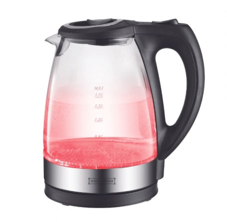 ROYALTYLINE GWK34300 Wasserkocher mit Glaskanne, 1,7 l, 2200 W, LED-Beleuchtung, Silber/Schwarz, H25,0 x B15,0 x T15,0 cm