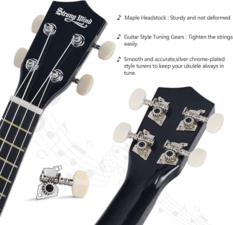 Strong Wind Sopran Ukulele 21 Zoll Lindenholz Ukulelen für Anfänger Vier Saiten Hawaii Gitarre Ukulele für Erwachsene Jugendliche, Schwarz