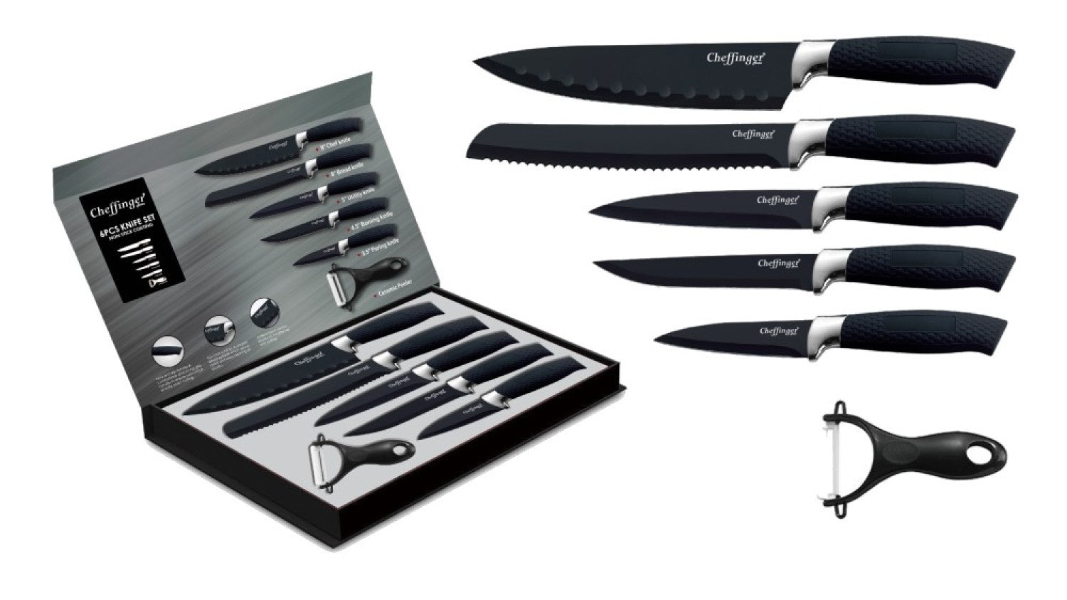 Messer Kochmesser Sparschäler Messerset 6-tlg. Cheffinger CF-MB07 – Schnapper-Preise