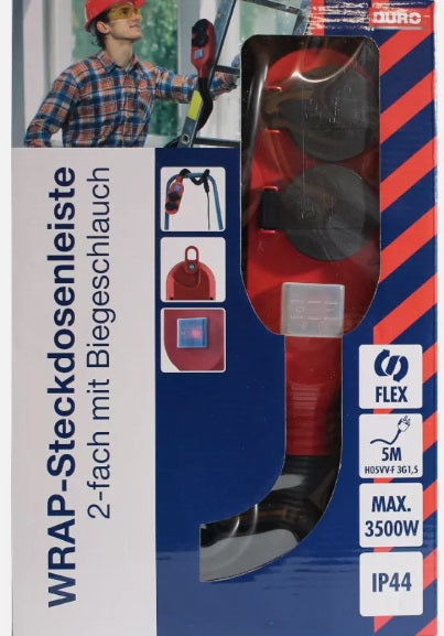 Duro Steckdosenleiste 2 fach inkl. 5m Zuleitung 16A max. 3500W REV WRAP On/Off IP44