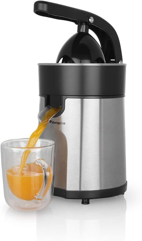 Orbegozo EP 4100 -Elektrische Orangenpresse, mit angewinkeltem Griff, Edelstahl, Profi-AC-Motor von 85 W, Anti-Tropf, inklusive zwei Kegeln für bestimmte Fruchtgrößen