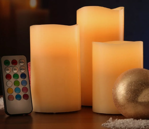 3 er Set LED Kerzen mit Fernbedienung Farbwechsel Timer Echtwachs Vanille Duft