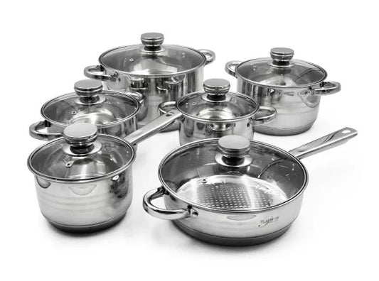 Platinum Cookware PL-12053G * 12-teiliges Kochgeschirr-Set aus Edelstahl mit Streifen-Akzent * Für ALLE Herdarten * UVP: 199,-€ *
