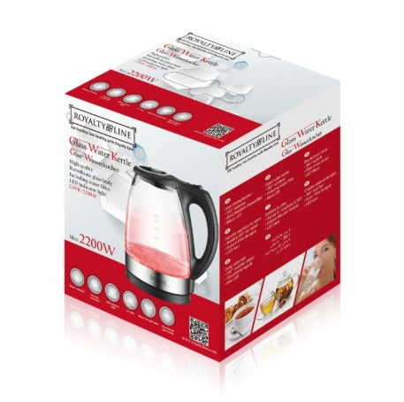 ROYALTYLINE GWK34300 Wasserkocher mit Glaskanne, 1,7 l, 2200 W, LED-Beleuchtung, Silber/Schwarz, H25,0 x B15,0 x T15,0 cm