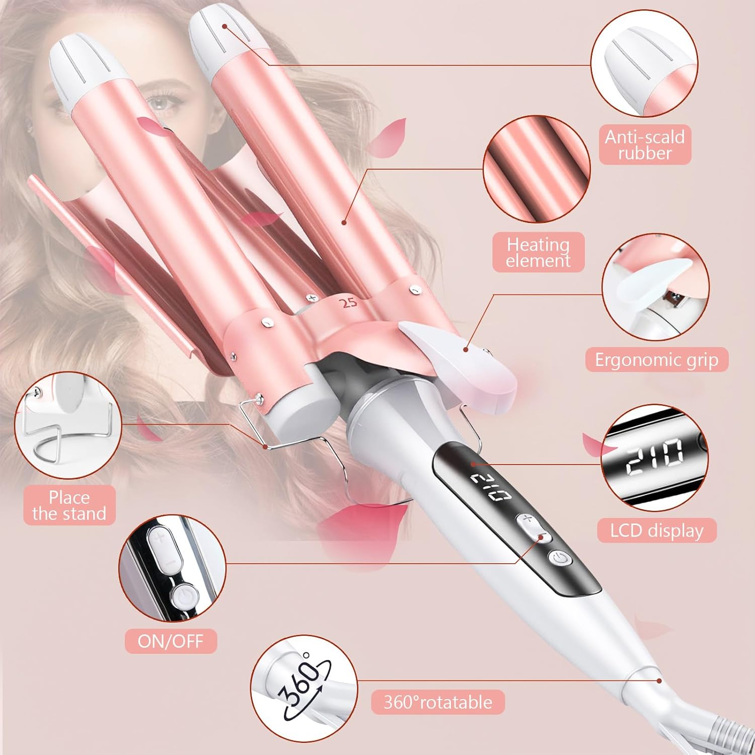 3-Fässer Lockenstab 32 mm – Professionelle Beach Waves &amp; Locken mit LCD-Temperaturanzeige