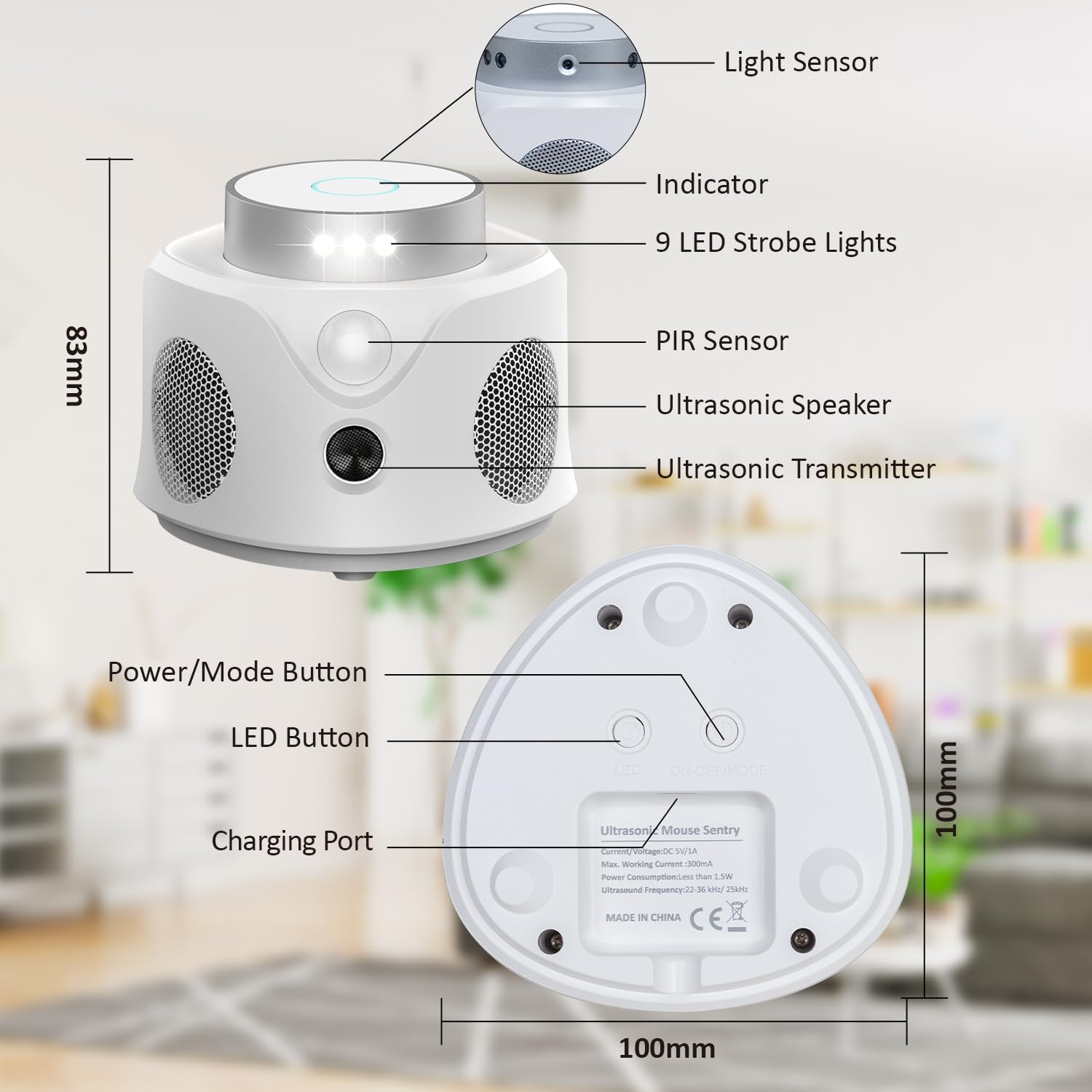 Ultraschall Nagetiervertreiber für Innenräume – Effektiver Marder-, Mäuse- & Rattenschreck mit LED-Blitz | Ungiftig für Mensch & Haustiere