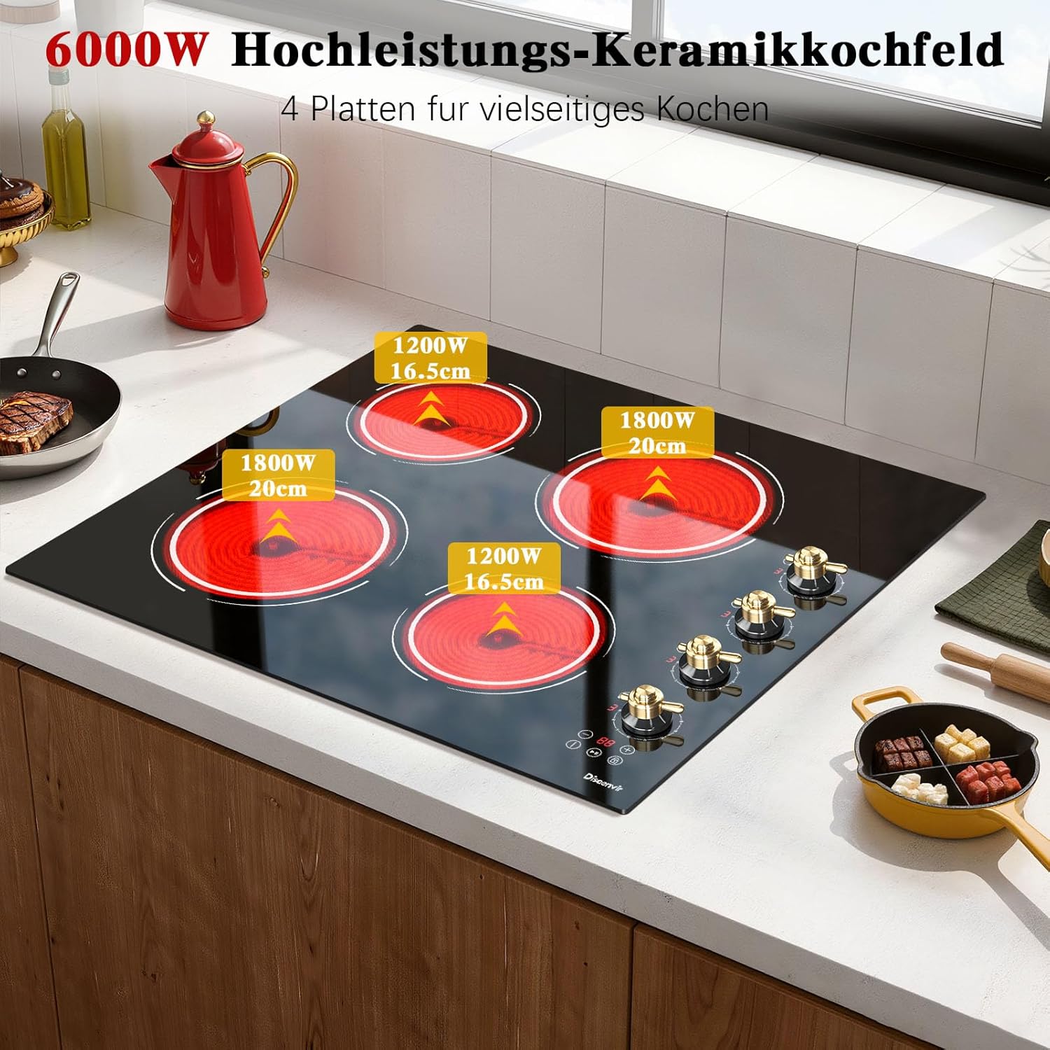 Glaskeramik Kochfeld 60 cm | Autark | 4 Kochzonen | 6000W | Drehregler | Timer | Kindersicherung