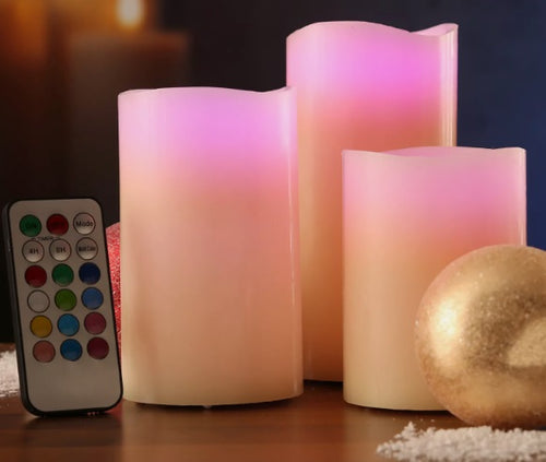 3 er Set LED Kerzen mit Fernbedienung Farbwechsel Timer Echtwachs Vanille Duft