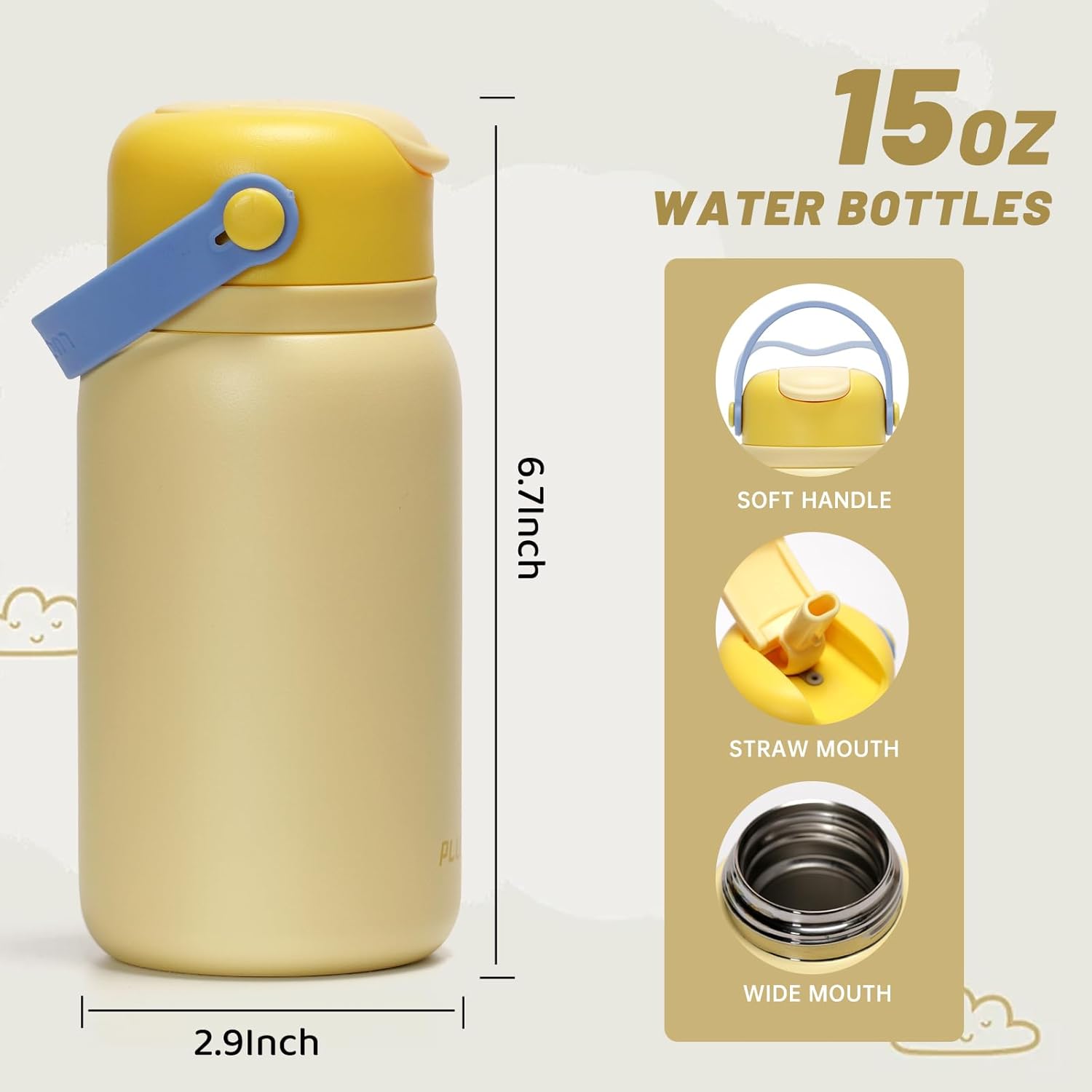 Plus Eight Edelstahl Trinkflasche - 450 ml -  Aufklebern - Edelstahl Für Jungen und Mädchen ﻿ (Gelb)
