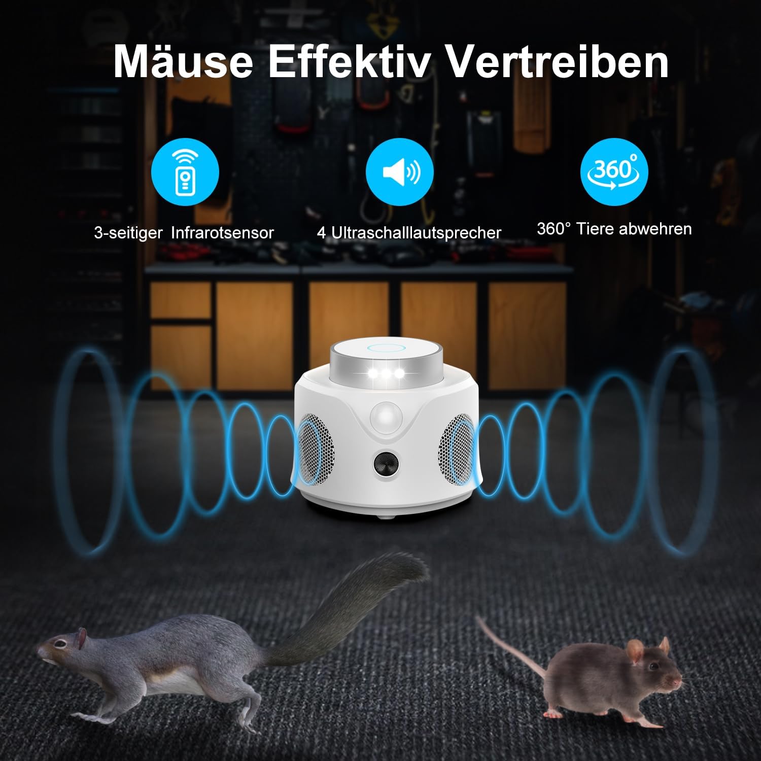 Ultraschall Nagetiervertreiber für Innenräume – Effektiver Marder-, Mäuse- & Rattenschreck mit LED-Blitz | Ungiftig für Mensch & Haustiere
