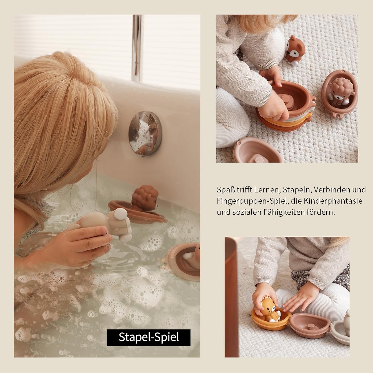 12-teiliges Badewannenspielzeug für Kleinkinder ab 1 Jahr – Stapelbare Boote & Tier-Fingerpuppen
