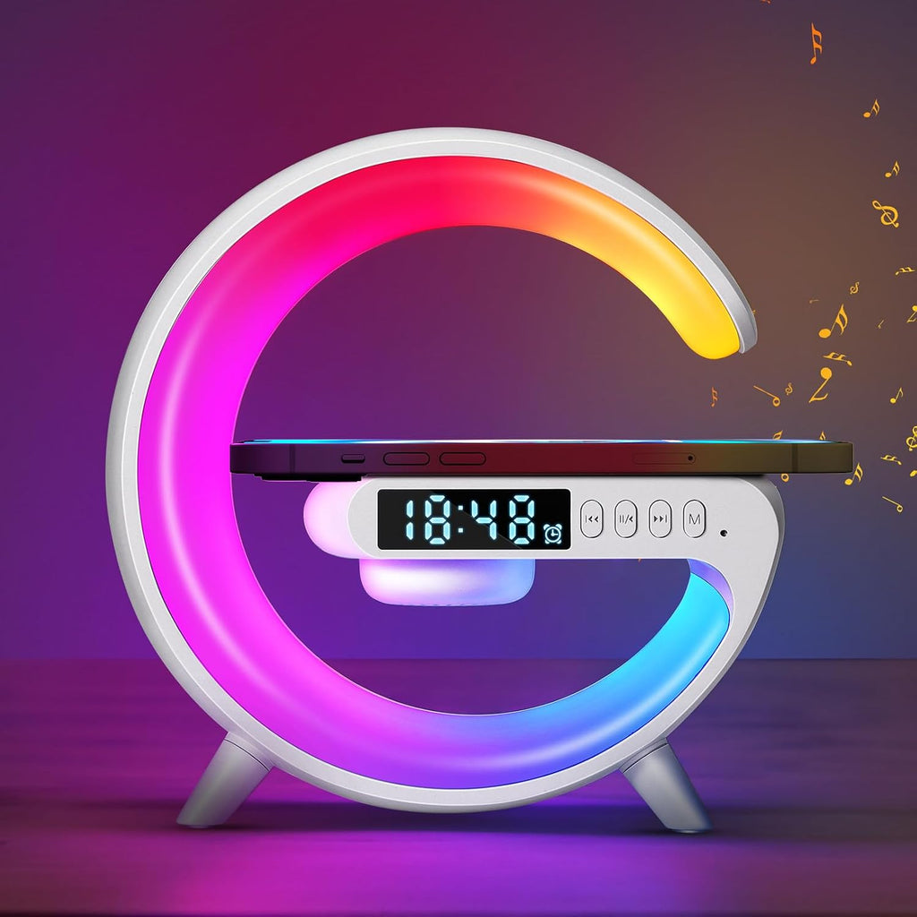 Intelligente 4-in-1 LED-Nachttischlampe mit Bluetooth-Lautsprecher & kabelloser Ladestation