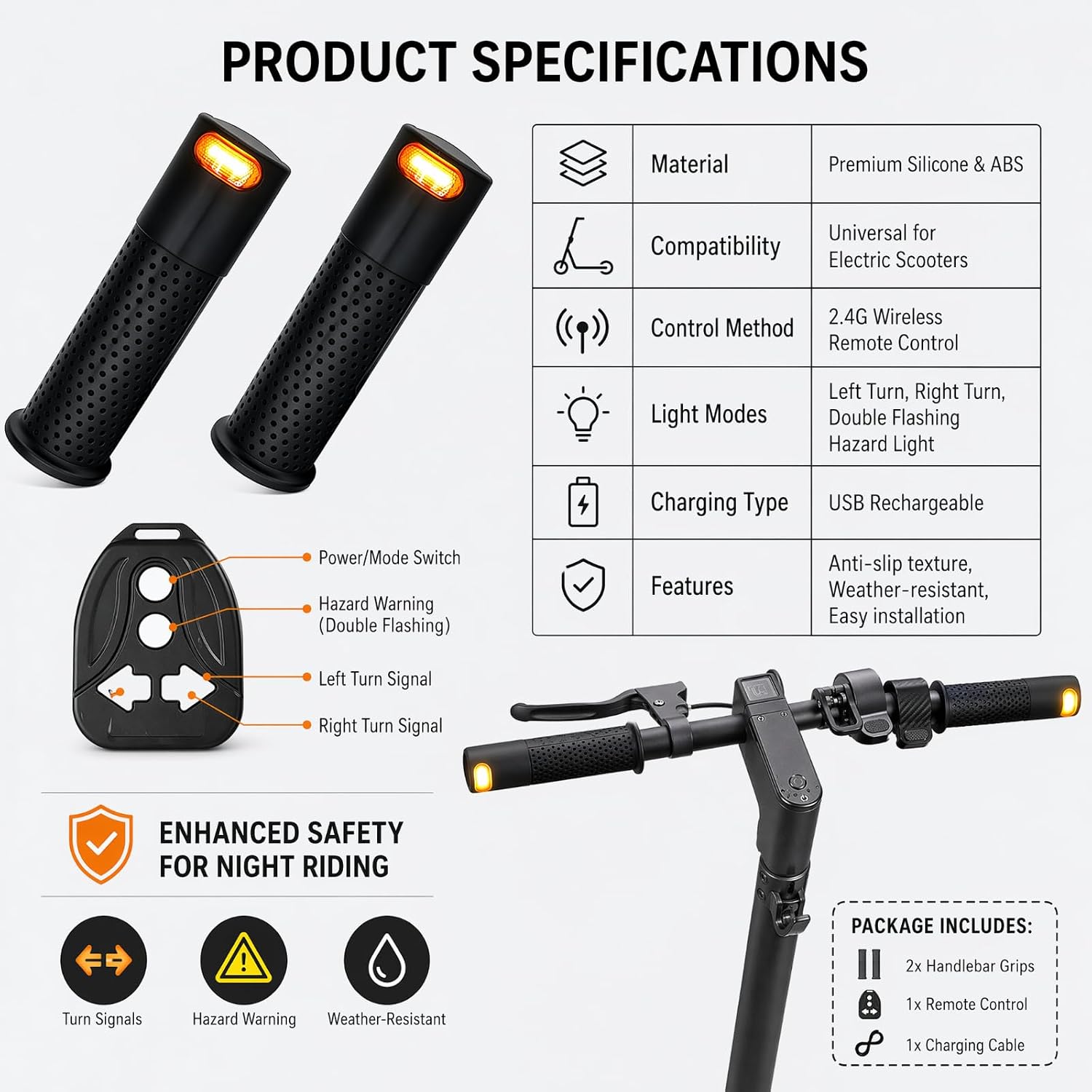 E-Scooter Blinker mit Lenkergriffen – LED Blinklicht Set mit kabelloser Fernbedienung | USB wiederaufladbar | Universell