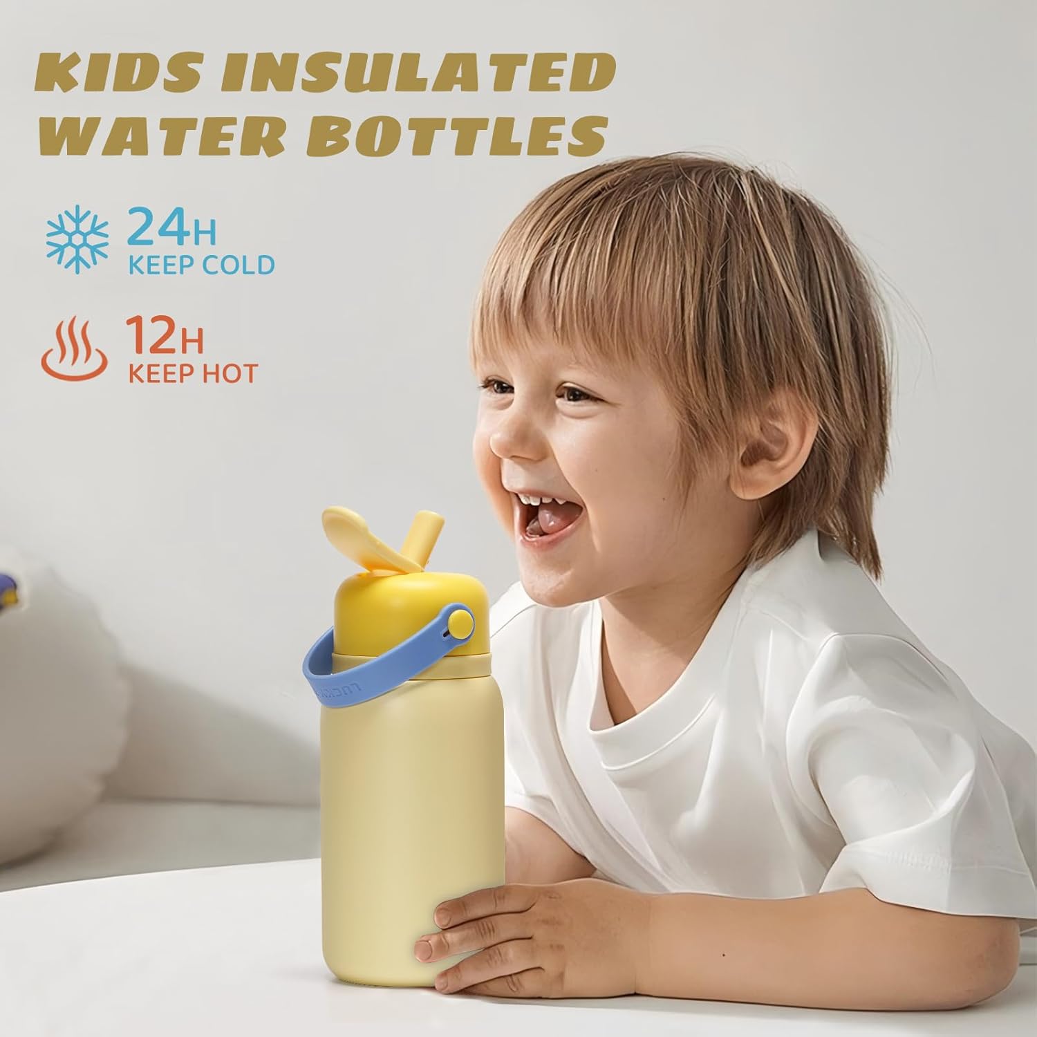 Plus Eight Edelstahl Trinkflasche - 450 ml -  Aufklebern - Edelstahl Für Jungen und Mädchen ﻿ (Gelb)