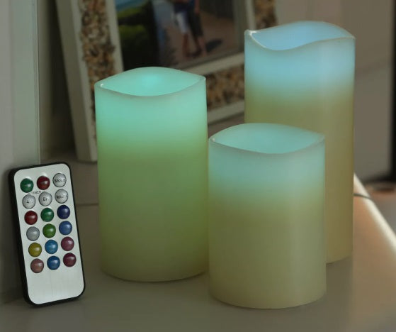 3 er Set LED Kerzen mit Fernbedienung Farbwechsel Timer Echtwachs Vanille Duft