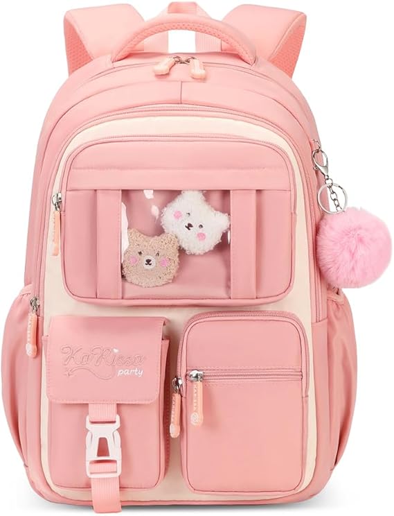 Niedlicher Rucksack für Mädchen, großes Fassungsvermögen, Schulranzen-Set mit Stifttasche und Plüschball, Schlüsselanhänger, süße Büchertasche für Kinder