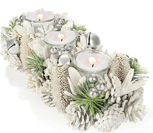 com-four® Teelichthalter - dekorativer Kerzenständer für Weihnachten und Herbst - Kerzenhalter mit natürlichen Materialien - Handarbeit (Adventsgesteck - Für 3 Kerzen)