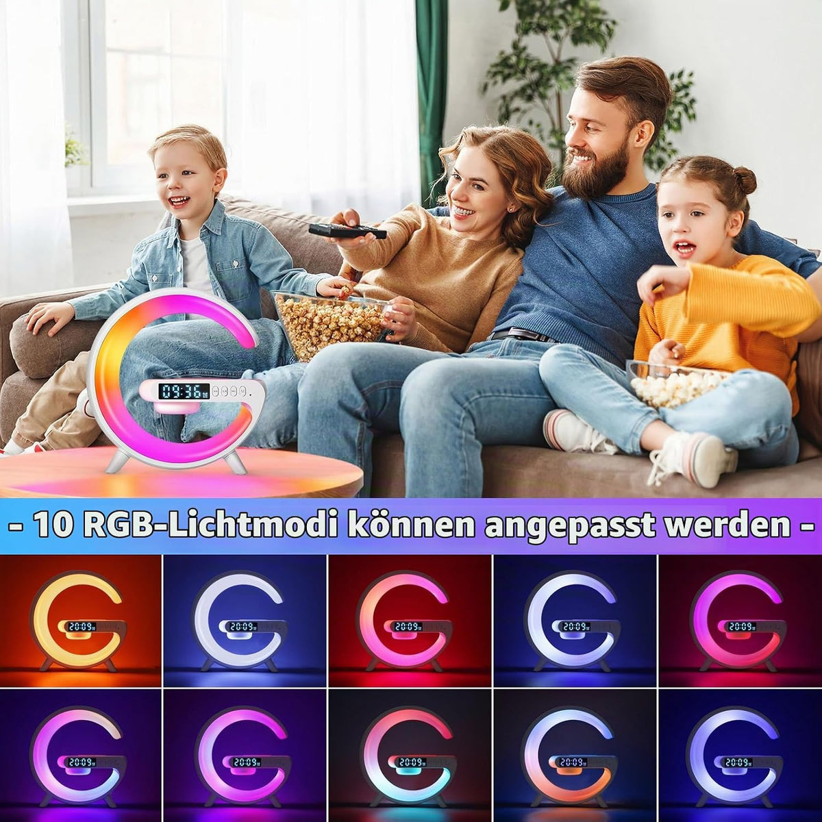 Intelligente 4-in-1 LED-Nachttischlampe mit Bluetooth-Lautsprecher & kabelloser Ladestation
