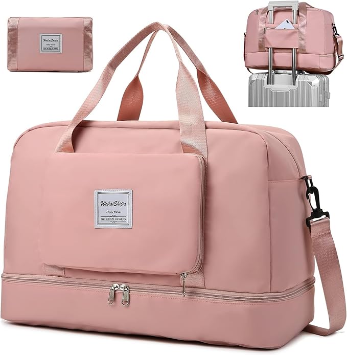 YUXES Faltbare Reisetasche mit großem Fassungsvermögen, Sporttasche Tragbare Wasserdichtes Erweiterbar Umhängetasche Gym Duffel Bag Damen Weekender Tasche Travel Handgepäck für Reisen（Rosa）