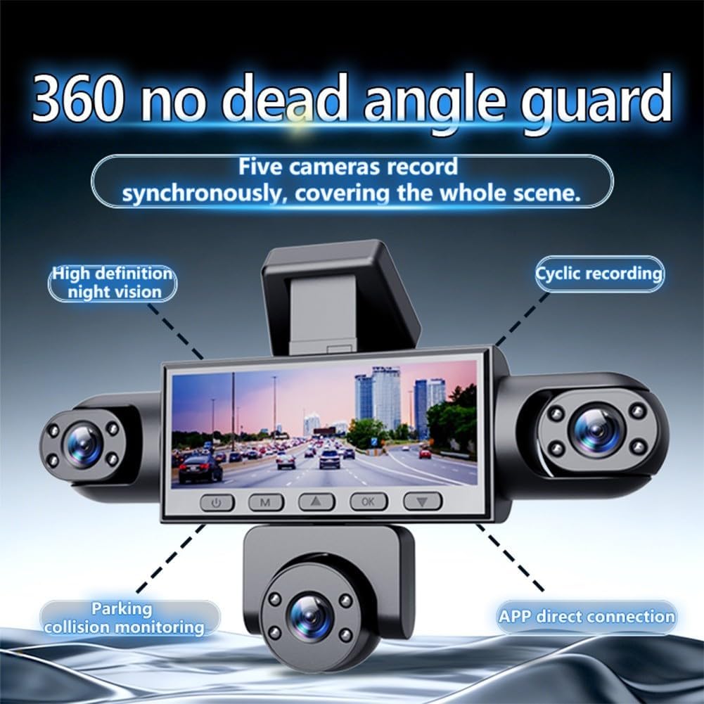 4K 5-Kanal Dashcam mit 360° Rundumblick – Frontkamera + 4 Zusatzkameras | 3,18" IPS-Display | Nachtsicht | Parküberwachung