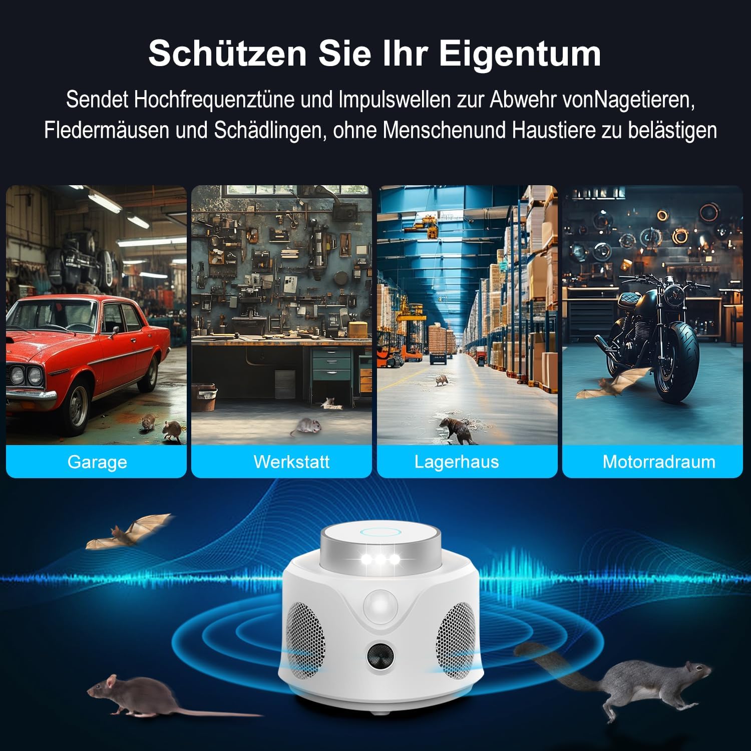 Ultraschall Nagetiervertreiber für Innenräume – Effektiver Marder-, Mäuse- & Rattenschreck mit LED-Blitz | Ungiftig für Mensch & Haustiere