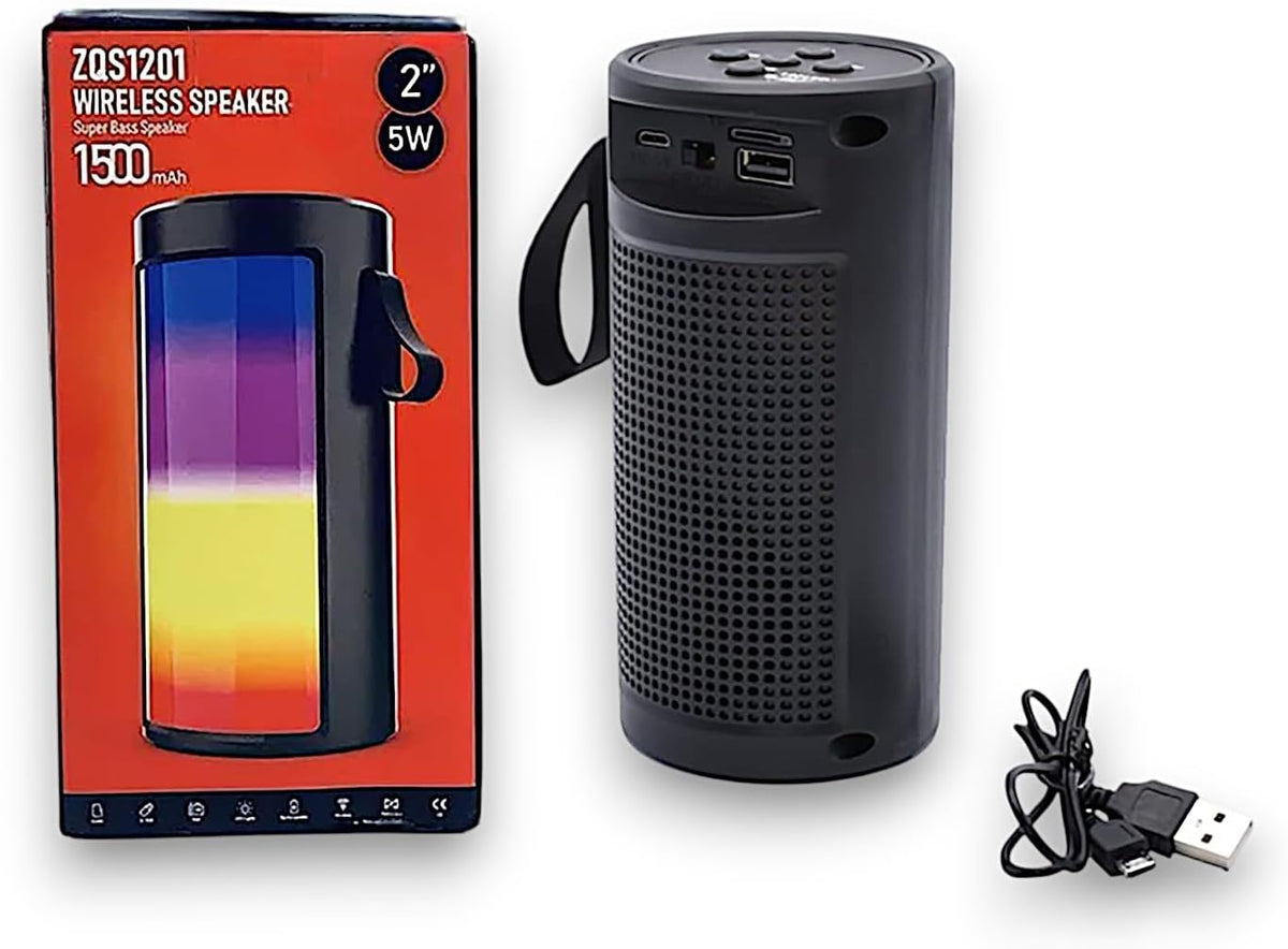 ZQS1201 Bluetooth-Lautsprecher 5W – Tragbare Musikbox mit RGB-LED-Licht, 1500 mAh Akku, USB, Micro-SD, FM-Radio & Freisprechfunktion – Schwarz