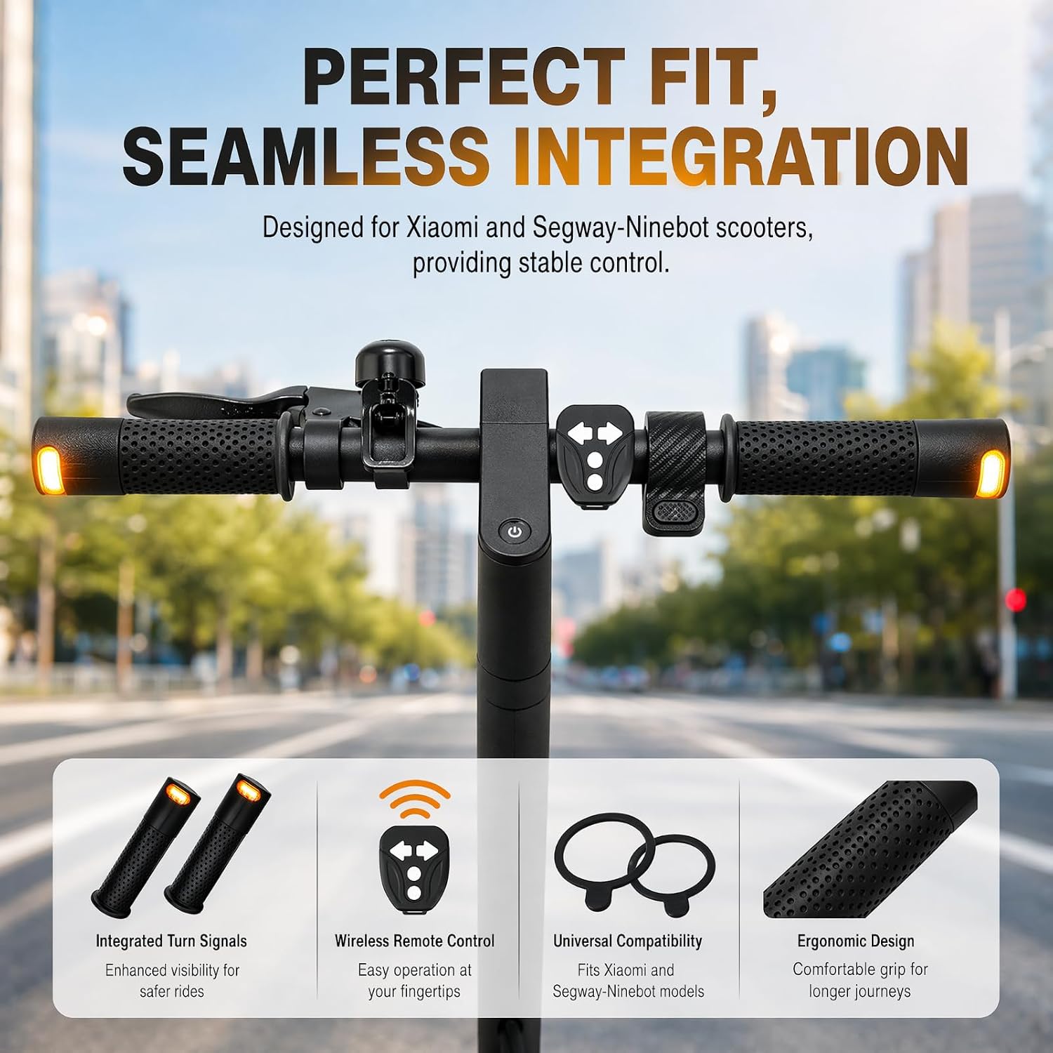 E-Scooter Blinker mit Lenkergriffen – LED Blinklicht Set mit kabelloser Fernbedienung | USB wiederaufladbar | Universell