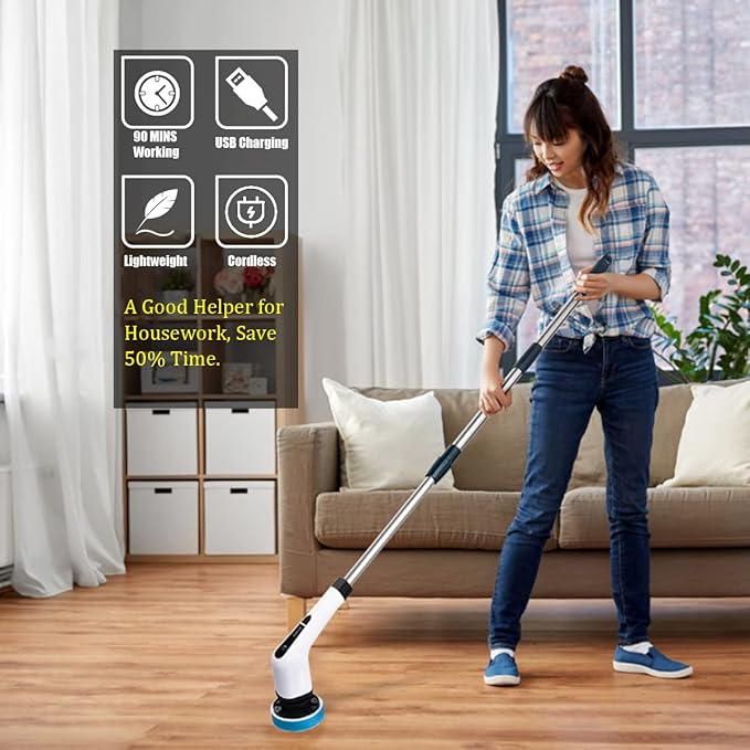 Elektrischer Schleuderwäscher, Akku-Reinigungsbürste mit 7 austauschbaren Bohrbürstenköpfen, Wanne und Bodenfliesen Power Scrubber Mop mit verstellbarem Griff für Badezimmer Küche Auto (Weiß)