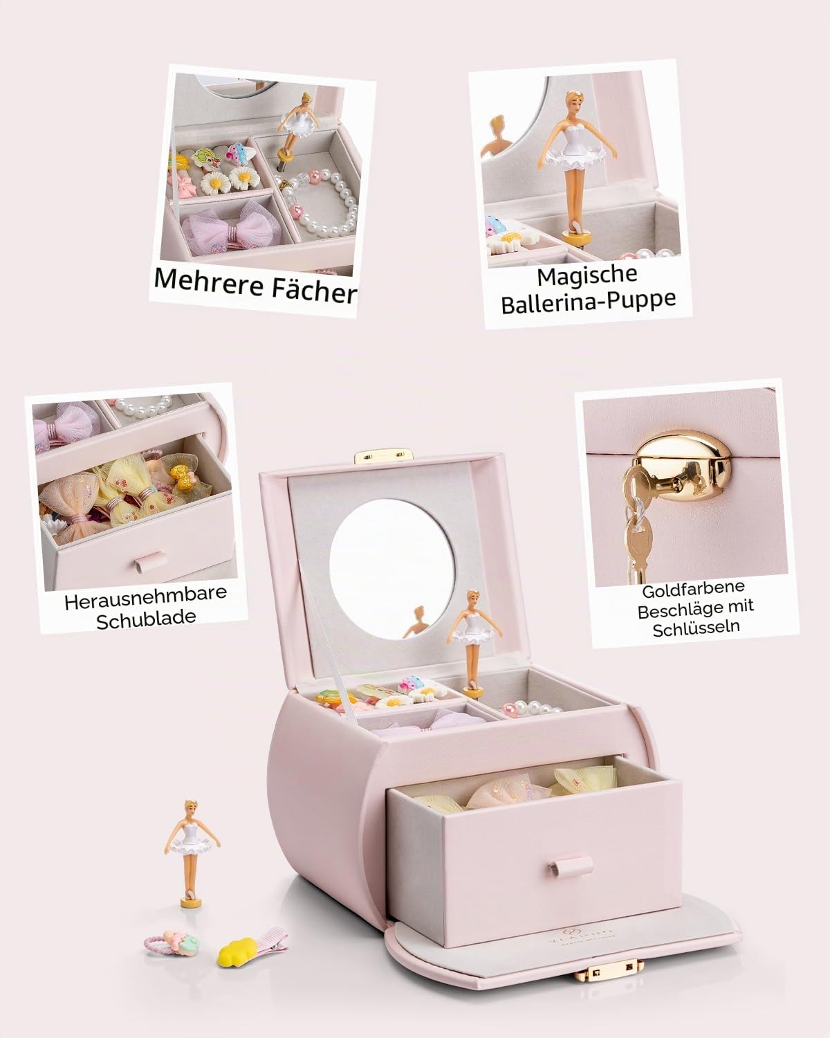 Vlando Musik-Schmuckschatulle mit drehender Ballerina – Abschließbare Schmuckbox für Kinder | Spieluhr mit Melodie | Schmuckkästchen für Ringe, Armbänder & Halsketten