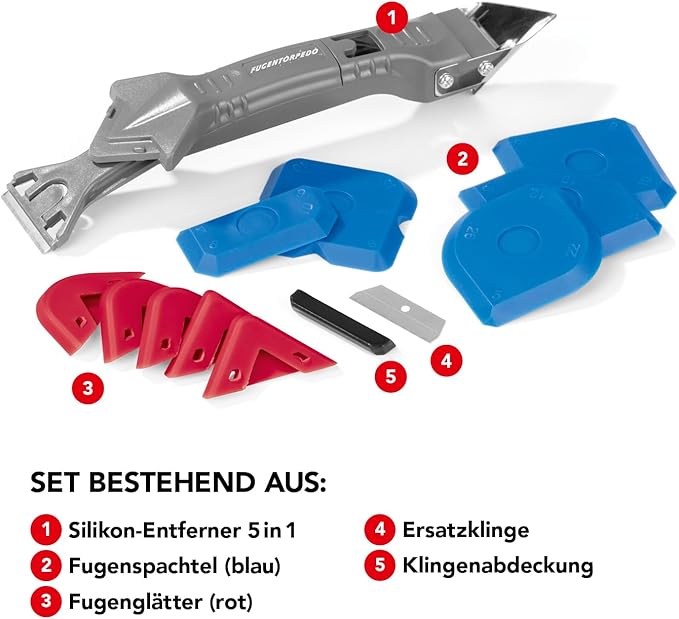 Fugentorpedo FUGENTORPEDO 2x Silikonentferner 5in1 zur Entfernung alter und Verarbeitung neuer Silikon- und Acrylfugen | Entfernen und Glätten mit nur einem Tool für 28 verschiedene Fugen