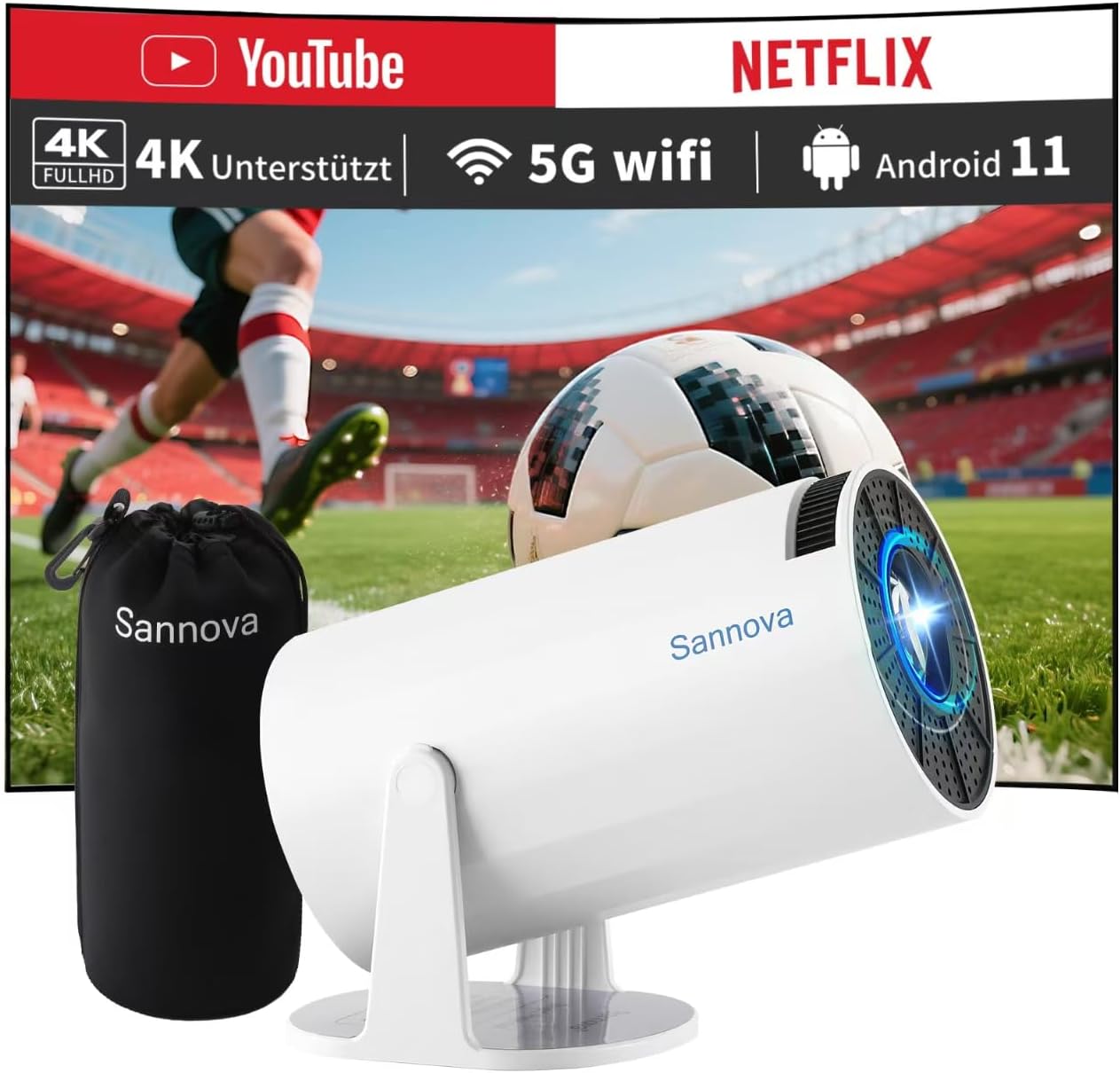 Mini Beamer / Smart Projektor – 4K-Unterstützung | 5G WiFi | Android 11 | 200 ANSI | 180° Drehbar