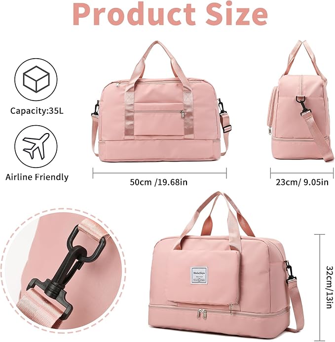 YUXES Faltbare Reisetasche mit großem Fassungsvermögen, Sporttasche Tragbare Wasserdichtes Erweiterbar Umhängetasche Gym Duffel Bag Damen Weekender Tasche Travel Handgepäck für Reisen（Rosa）