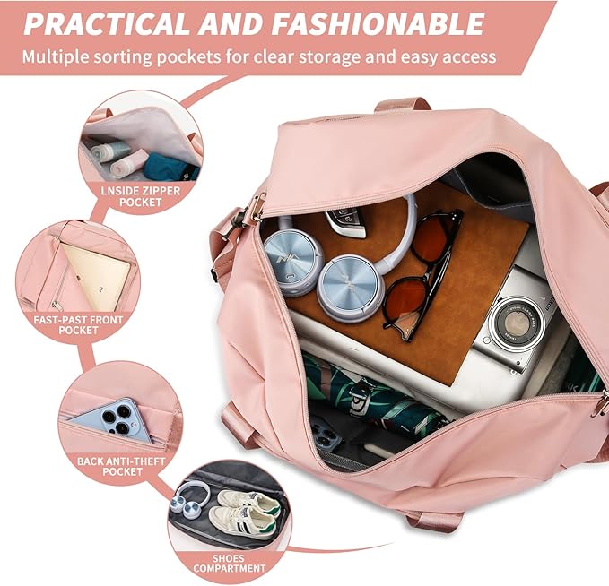 YUXES Faltbare Reisetasche mit großem Fassungsvermögen, Sporttasche Tragbare Wasserdichtes Erweiterbar Umhängetasche Gym Duffel Bag Damen Weekender Tasche Travel Handgepäck für Reisen（Rosa）