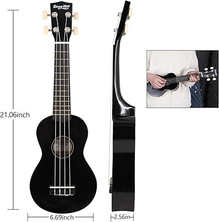 Strong Wind Sopran Ukulele 21 Zoll Lindenholz Ukulelen für Anfänger Vier Saiten Hawaii Gitarre Ukulele für Erwachsene Jugendliche, Schwarz