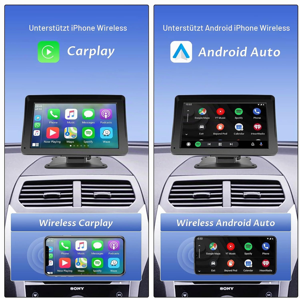 Hodozzy 7" Wireless CarPlay &amp; Android Auto Display – Touchscreen Autoradio