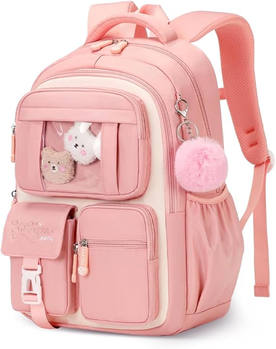 Niedlicher Rucksack für Mädchen, großes Fassungsvermögen, Schulranzen-Set mit Stifttasche und Plüschball, Schlüsselanhänger, süße Büchertasche für Kinder