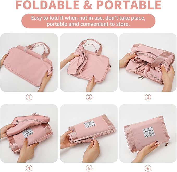 YUXES Faltbare Reisetasche mit großem Fassungsvermögen, Sporttasche Tragbare Wasserdichtes Erweiterbar Umhängetasche Gym Duffel Bag Damen Weekender Tasche Travel Handgepäck für Reisen（Rosa）